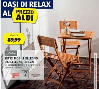Belavi set di mobili in legno da balcone, 3 pezzi