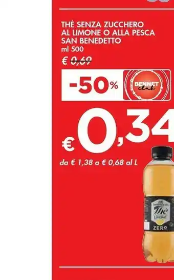 Bennet San Benedetto Thè Zero Zucchero Limone 500 G(ml) offerta