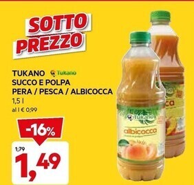 DPiù Tukano succo e polpa pera / pesca / albicocca offerta