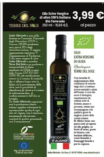 Interspar Terre del sole olio extra vergine di oliva 100 % italiano bio offerta