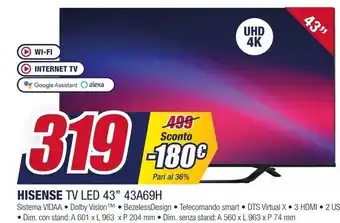 Trony Hisense tv led 43 43a69h offerta