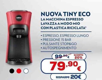 Euronics Nuova Tiny Eco La Macchina Espresso Lavazza a Modo Mio con Plastica Riciclata offerta