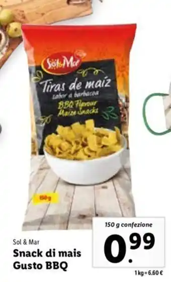 Lidl Sol & Mar Snack di mais Gusto BBQ 150 g confezione offerta
