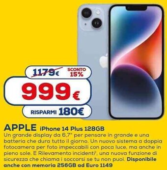 Euronics Apple iPhone 14 Plus 128GB offerta