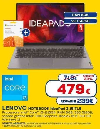 Euronics Lenovo Notebook IdeaPad 3 15ITL6 offerta
