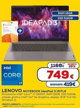 Euronics Lenovo Notebook IdeaPad 3 15ITL6 offerta