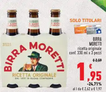 Conad BIRRA MORETTI 330 ml x 3 pezzi offerta