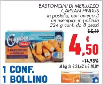 Conad BASTONCINI DI MERLUZZO CAPITAN FINDUS 224 g conf. da 8 pezzi offerta