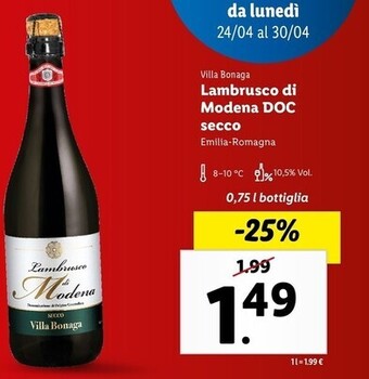 Lidl Villa bonaga lambrusco di modena doc secco offerta