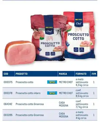 METRO Chef PROSCIUTTO COTTO a metà sottovuoto 4 kg circa