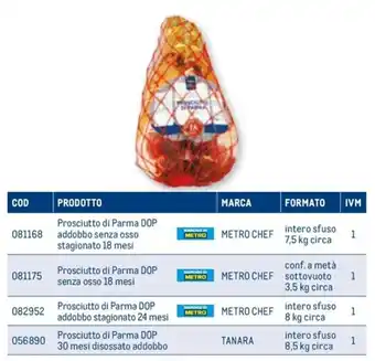 Metro Prosciutto di Parma DOP addobbo senza osso stagionato 18 mesi METRO CHEF intero sfuso 7,5 kg circa offerta