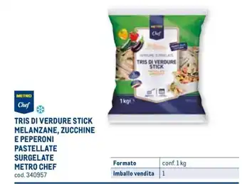TRIS DI VERDURE STICK MELANZANE, ZUCCHINE E PEPERONI PASTELLATE SURGELATE METRO CHEF conf. 1 kg