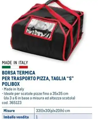 Metro BORSA TERMICA PER TRASPORTO PIZZA, TAGLIA "S" POLIBOX offerta