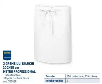 3 GREMBIULI BIANCHI 100X55 cm METRO PROFESSIONAL