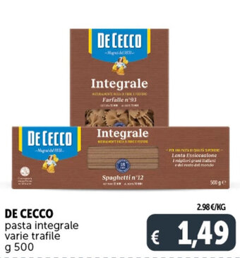 Deco Supermercati DE CECCO pasta integrale varie trafile g 500 offerta