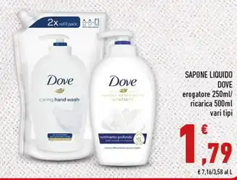 Conad SAPONE LIQUIDO DOVE erogatore 250ml/ ricarica 500ml vari tipi offerta