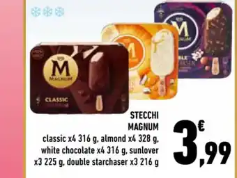 Conad STECCHI MAGNUM classic x4 316 g, almond x4 328 g, white chocolate x4 316 g, sunlover x3 225 g, double starchaser x3 216 g offerta