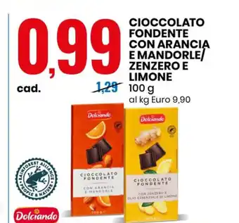Eurospin CIOCCOLATO FONDENTE CON ARANCIA E MANDORLE ZENZERO E LIMONE 1,29 100 g al kg Euro 9,90 offerta