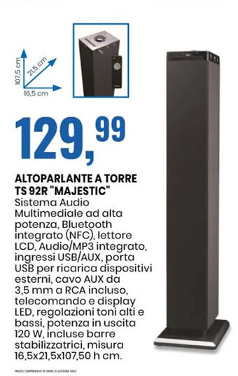 Eurospin ALTOPARLANTE A TORRE TS 92R "MAJESTIC" offerta