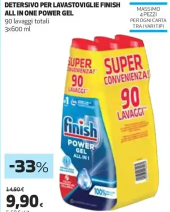 Coop DETERSIVO PER LAVASTOVIGLIE FINISH ALL IN ONE POWER GEL 3 x 600 ml offerta