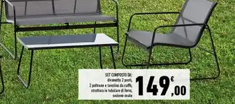 Conad Superstore Set composto da: divanetto 2 posti, 2 poltrone e tavolino da caffè, struttura in tubolare di ferro, sezione ovale offerta