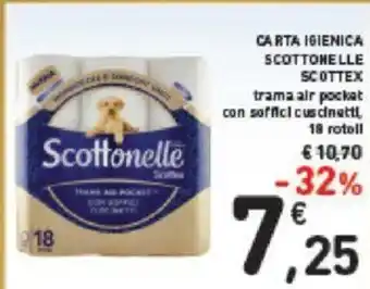 Conad CARTA IGIENICA SCOTTONELLE SCOTTEX trama air pockat con soffici cuscinetti, 18 rotoll offerta