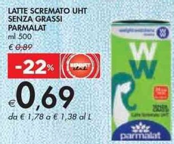 Bennet LATTE SCREMATO UHT SENZA GRASSI PARMALAT ml 500 offerta