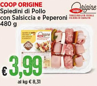 COOP ORIGINE Spiedini di Pollo con Salsiccia e Peperoni 480 g