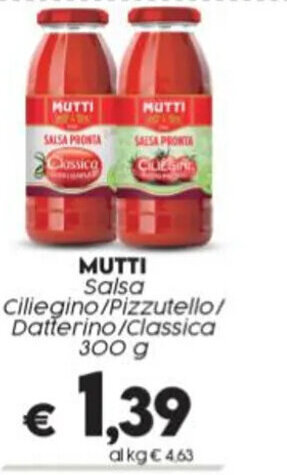 Crai MUTTI Salsa Ciliegino/Pizzutello/ Datterino/Classica 300 g offerta