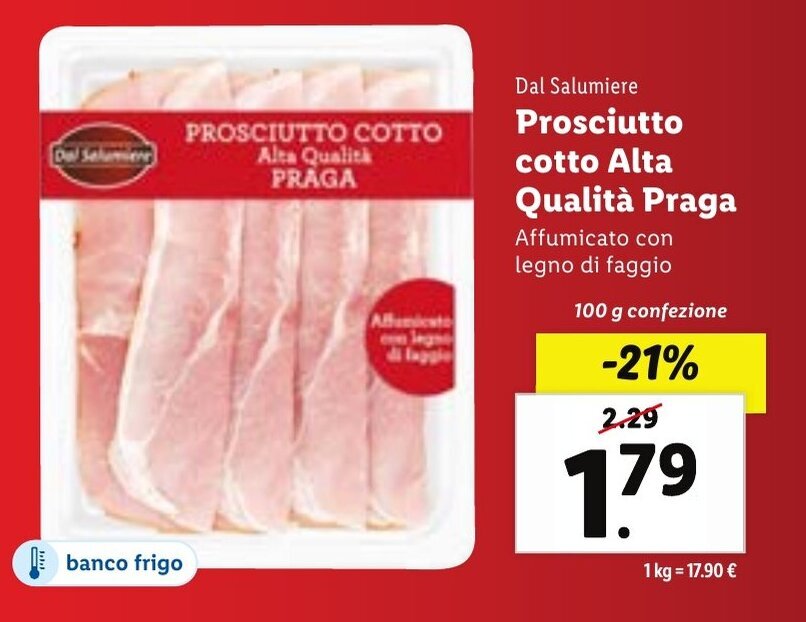 PROSCIUTTO COTTO Alta Qualità PRAGA 100 g confezione offerta di Lidl