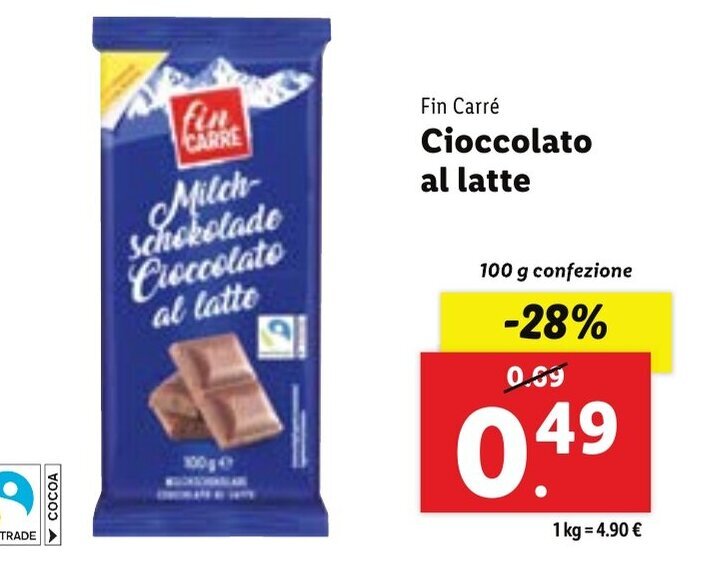 Fin Carré Cioccolato al latte 100 g confezione offerta di Lidl