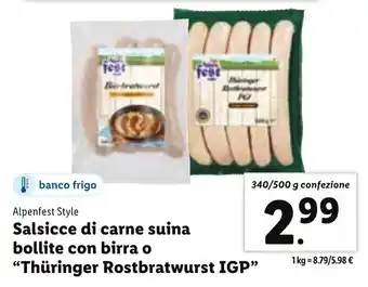 Lidl Salsicce di carne suina bollite con birra o "Thüringer Rostbratwurst IGP" 340/500 g confezione offerta
