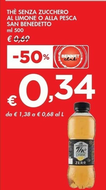 Bennet San Benedetto Thè Zero Zucchero Limone 500 G(ml) offerta