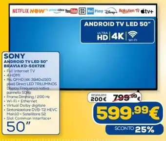 Euronics SONY ANDROID TV LED 50" BRAVIA KD-50X72K offerta