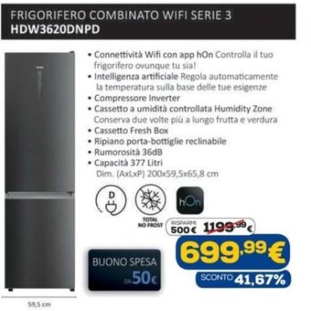 Euronics Haier FRIGORIFERO COMBINATO WIFI SERIE 3 HDW3620DNPD Dim. (AxLxP) 200x59,5x65,8 cm offerta