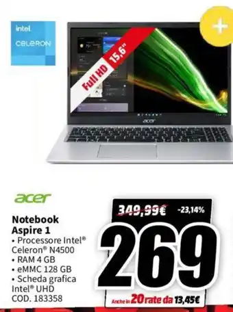 MediaWorld acer Notebook Aspire 1 offerta