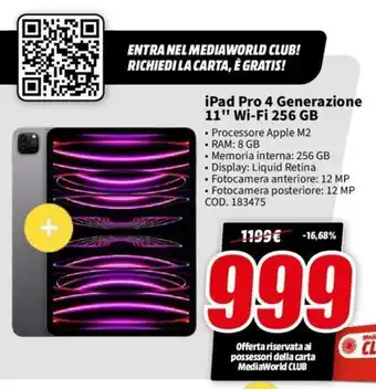 MediaWorld iPad Pro 4 Generazione 11" Wi-Fi 256 GB offerta