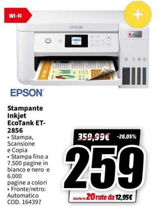 MediaWorld EPSON Stampante Inkjet EcoTank ET-2856 offerta