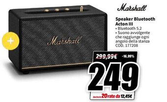 MediaWorld Marshall Speaker Bluetooth Acton III offerta
