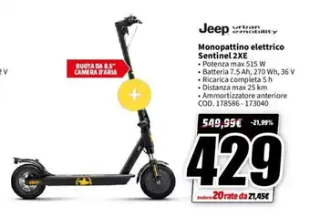 MediaWorld Jeep Monopattino elettrico Sentinel 2XE offerta