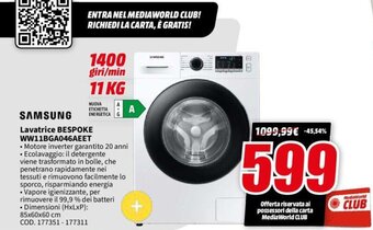 MediaWorld SAMSUNG Lavatrice BESPOKE WW11BGA046AEET offerta
