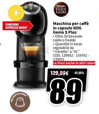 MediaWorld NESCAFE Dolce Gusto Macchina per caffè in capsule NDG Genio S Plus offerta