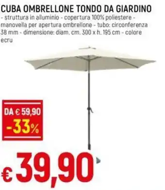 CUBA OMBRELLONE TONDO DA GIARDINO diam. cm. 300 x h. 195 cm - colore ecru