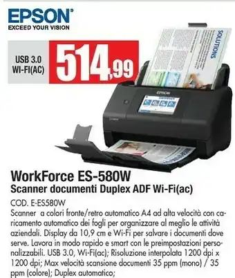 Vobis Epson WorkForce ES-580W ADF + Sheet-fed Scaner 600 X 600 DPI A4 Nero offerta