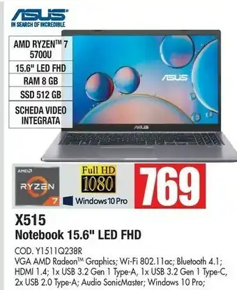 Vobis Asus Notebook 15.6'' Led Fhd 8 Gb 512 Gb offerta