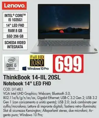 Vobis Lenovo ThinkBook 14 G2 DDR4-SDRAM Computer Portatile 35,6 Cm (14") 1920 X 1080 Pixel AMD Ryzen 5 8 GB 256 GB SSD Wi-Fi 6 (802 offerta