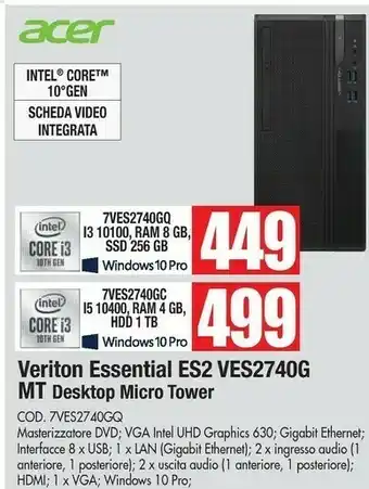 Vobis Acer Veriton VES2740G DDR4-SDRAM I5-10400 Mini Tower Intel® Core™ I5 Di Decima Generazione 8 GB 256 GB SSD Windows 10 Home PC offerta