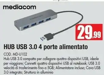 Vobis Mediacom Hub Usb 3.0 4 Porte Alimentato Cod Md-u102 offerta