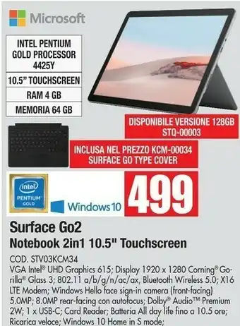 Vobis Microsoft Surface Go 2 26,7 Cm (10.5") Intel Core M3 4 GB 64 GB Wi-Fi 6 (802.11ax) Platino offerta