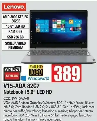 Vobis Lenovo Notebook V15-ADA 82C7 15.6'' Led HD RAm 4GB SSD 256GB offerta